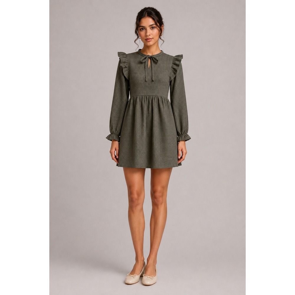 LOFT Plus Size 16 Dress Olive Green Seersucker Ruffle‎ Tie Neck Babydoll Mini